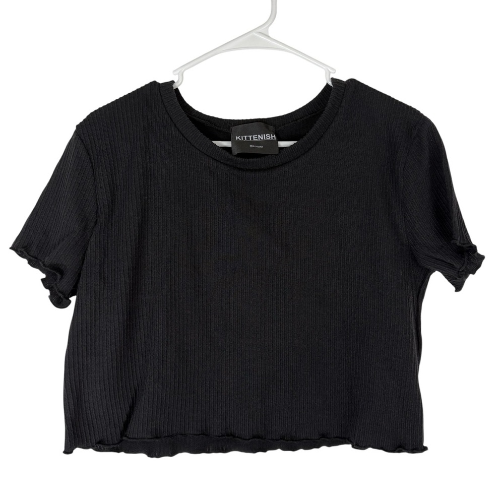 Kittenish Black Ribbed Women's Medium Top Short Sleeve Cropped Lettuce Hem